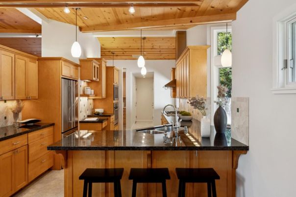 Interior, Kitchen, Pendant Lights, Stainless Steel Appliances, Wooden Ceilings