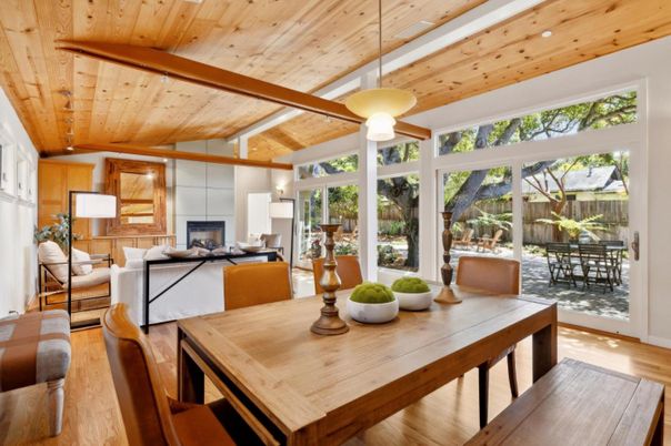 Dining room, Fireplace, Interior, Living room, Pendant Lights, Wooden Beams, Wooden Ceilings, Wood Texture Flooring