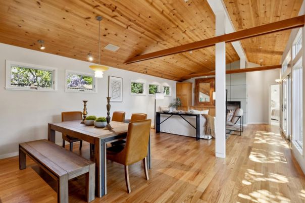 Dining room, Interior, Pendant Lights, Wooden Beams, Wooden Ceilings, Wood Texture Flooring