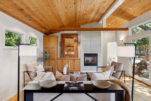 Fireplace, Interior, Living room, Recessed Lighting, Wooden Beams, Wooden Ceilings, Wood Texture Flooring