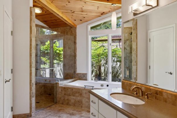 Bathroom, Glass Shower, Interior, Pendant Lights, Wooden Ceilings