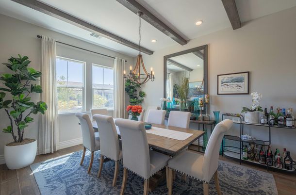Chandelier, Dining room, Interior, Recessed Lighting, Wooden Beams, Wood Texture Flooring