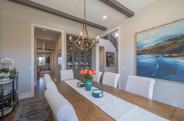 Chandelier, Dining room, Interior, Recessed Lighting, Wooden Beams