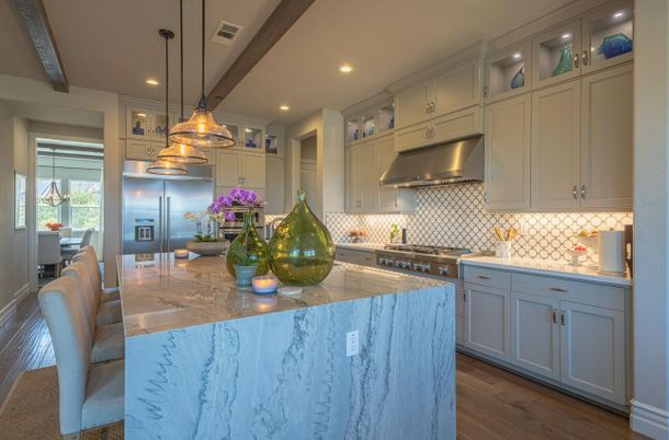 Interior, Kitchen, Pendant Lights, Recessed Lighting, Stainless Steel Appliances, Wooden Beams, Wood Texture Flooring