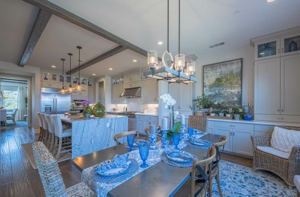 Dining room, Interior, Kitchen, Pendant Lights, Recessed Lighting, Stainless Steel Appliances, Wooden Beams, Wood Texture Flooring