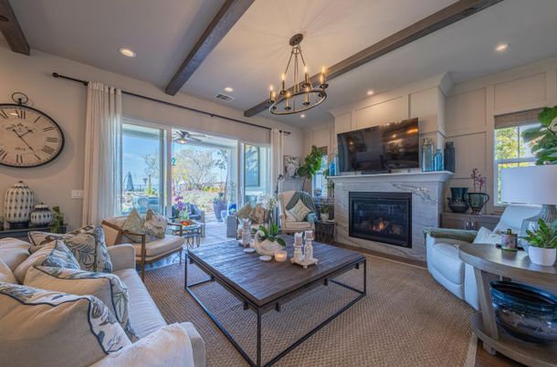 Chandelier, Fireplace, Interior, Living room, Recessed Lighting, Wooden Beams