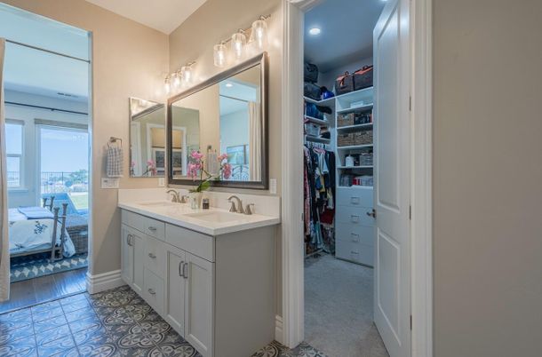 Bathroom, Dual Sink Vanities, Interior, Recessed Lighting, Wood Texture Flooring