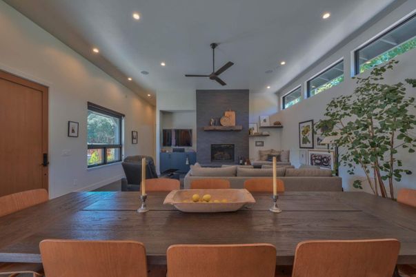 Dining room, Fireplace, Interior, Living room, Recessed Lighting