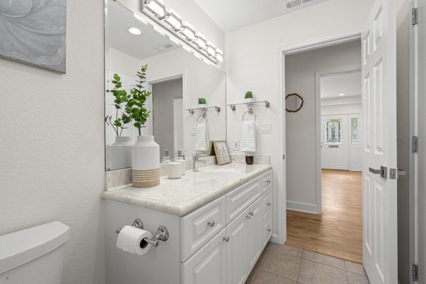 Bathroom, Interior, Recessed Lighting, Wood Texture Flooring