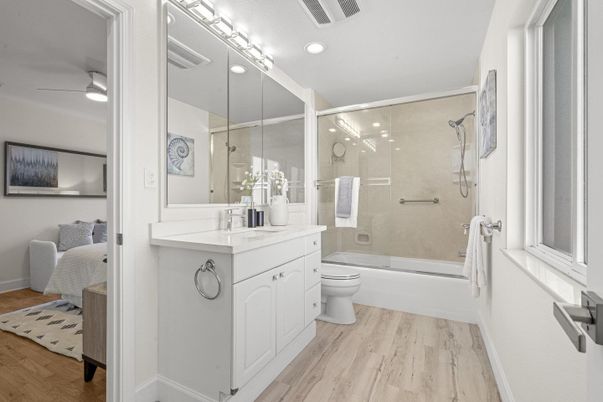 Bathroom, Bedroom, Glass Shower, Interior, Recessed Lighting, Wood Texture Flooring