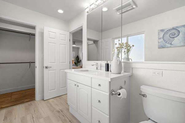 Bathroom, Interior, Recessed Lighting, Wood Texture Flooring