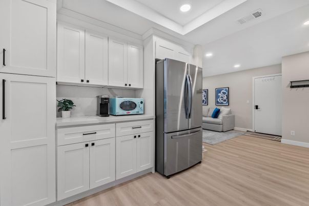 Interior, Kitchen, Recessed Lighting, Stainless Steel Appliances, Wood Texture Flooring