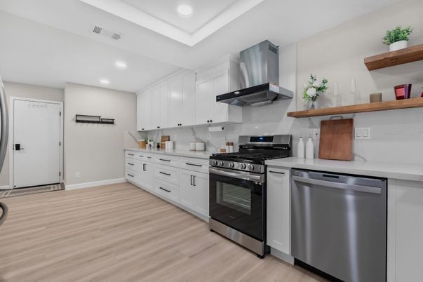 Interior, Kitchen, Recessed Lighting, Stainless Steel Appliances, Wood Texture Flooring