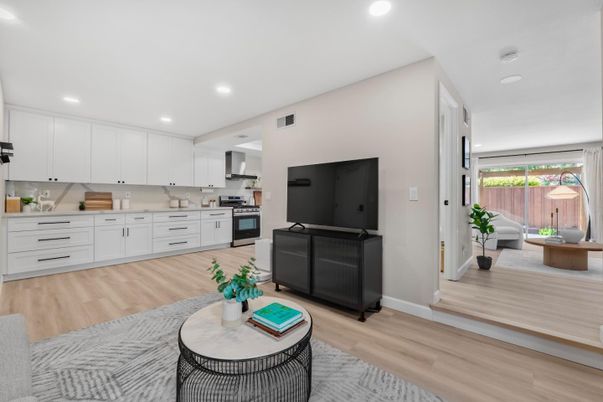Interior, Kitchen, Living room, Recessed Lighting, Stainless Steel Appliances, Wood Texture Flooring