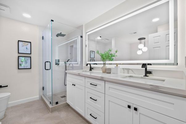 Bathroom, Dual Sink Vanities, Glass Shower, Interior, Pendant Lights, Recessed Lighting