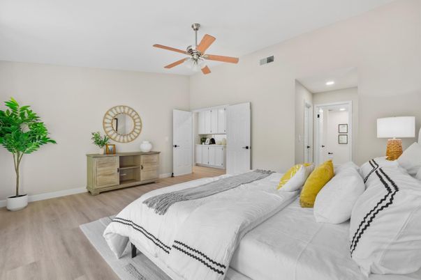 Bedroom, Interior, Recessed Lighting, Wood Texture Flooring