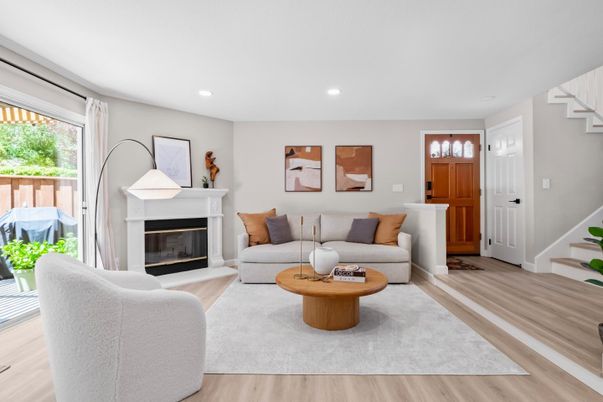 Fireplace, Interior, Living room, Recessed Lighting, Wood Texture Flooring