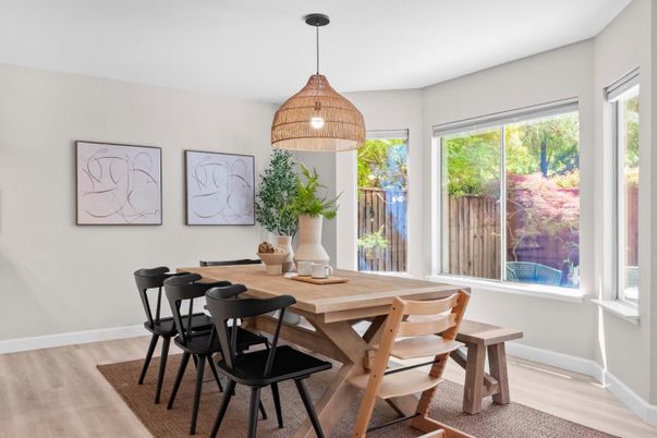 Dining room, Interior, Pendant Lights, Wood Texture Flooring