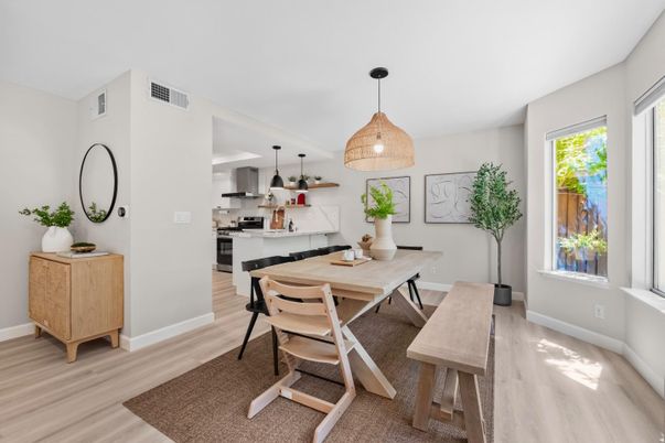Dining room, Interior, Kitchen, Pendant Lights, Stainless Steel Appliances, Wood Texture Flooring