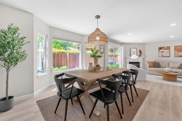Dining room, Fireplace, Interior, Living room, Pendant Lights, Recessed Lighting, Wood Texture Flooring
