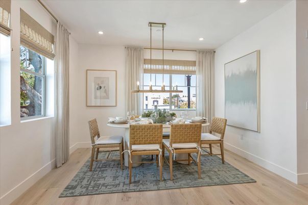 Dining room, Interior, Pendant Lights, Recessed Lighting, Wood Texture Flooring