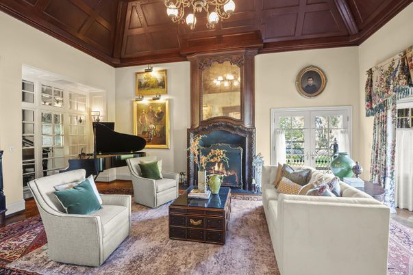 Chandelier, Fireplace, Interior, Living room, Piano, Wooden Ceilings, Wood Texture Flooring