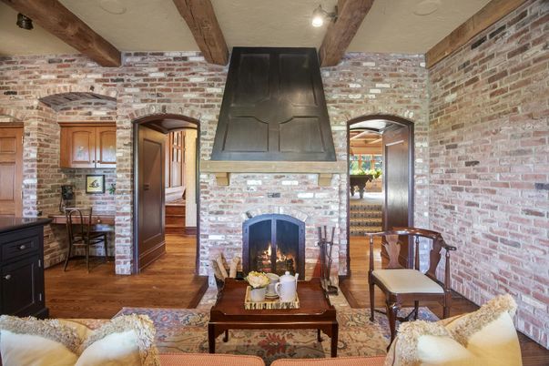 Fireplace, Interior, Living room, Stone Walls, Wooden Beams, Wood Texture Flooring