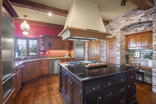 Interior, Kitchen, Pendant Lights, Recessed Lighting, Stainless Steel Appliances, Stone Walls, Wooden Beams, Wood Texture Flooring