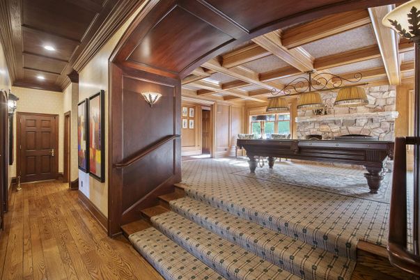 Billiard Table, Fireplace, Game Room, Interior, Recessed Lighting, Wooden Beams, Wooden Ceilings, Wood Texture Flooring, Wooden Walls