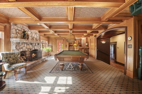 Billiard Table, Chandelier, Fireplace, Game Room, Interior, Wooden Beams, Wooden Walls