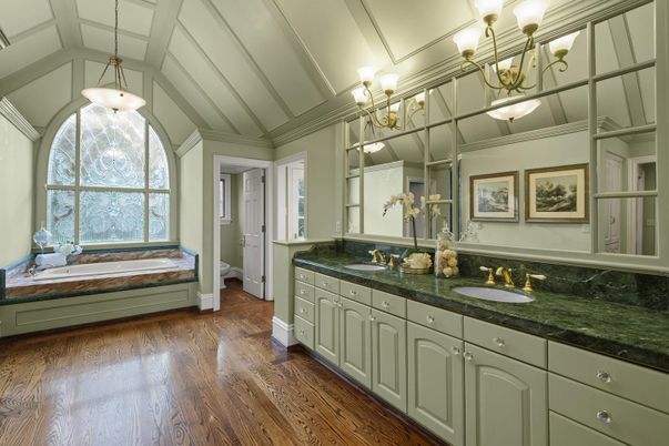 Bathroom, Chandelier, Dual Sink Vanities, Interior, Pendant Lights, Wood Texture Flooring