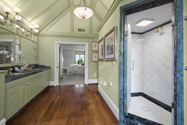 Bathroom, Bedroom, Dual Sink Vanities, Interior, Marble Walls, Pendant Lights, Wood Texture Flooring