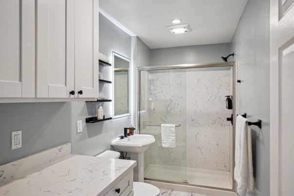 Bathroom, Glass Shower, Interior, Marble, Marble Walls, Recessed Lighting