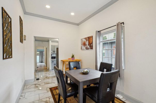 Dining room, Interior, Kitchen, Marble, Recessed Lighting, Stainless Steel Appliances