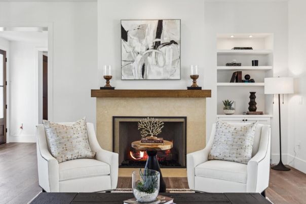 Fireplace, Interior, Recessed Lighting, Wood Texture Flooring