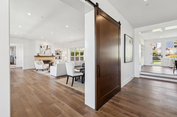 Dining room, Fireplace, Interior, Living room, Recessed Lighting, Wood Texture Flooring