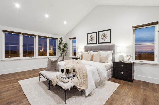 Bedroom, Interior, Recessed Lighting, Wood Texture Flooring