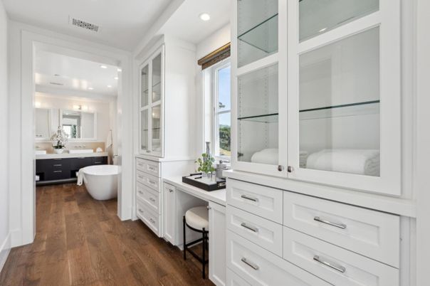 Bathroom, Dual Sink Vanities, Free Standing Baths, Interior, Recessed Lighting, Wood Texture Flooring