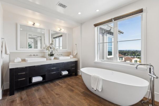 Bathroom, Dual Sink Vanities, Free Standing Baths, Interior, Recessed Lighting, Wood Texture Flooring