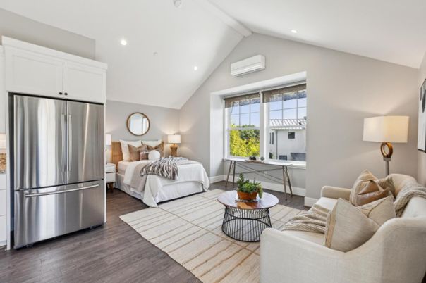 Bedroom, Interior, Kitchen, Living room, Recessed Lighting, Stainless Steel Appliances, Wood Texture Flooring