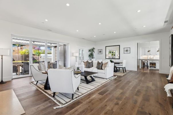 Dining room, Interior, Living room, Recessed Lighting, Wood Texture Flooring