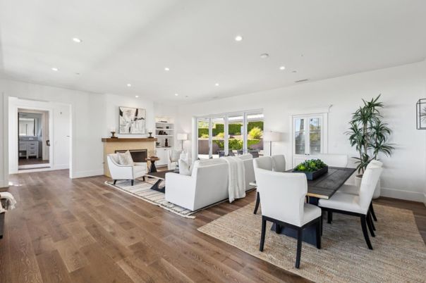 Dining room, Fireplace, Interior, Living room, Recessed Lighting, Wood Texture Flooring