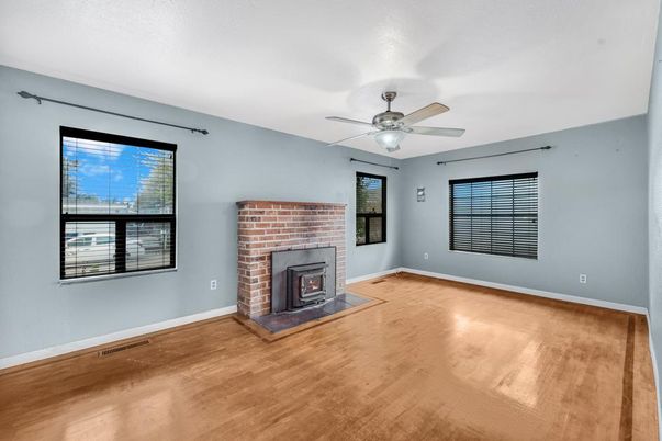 Empty room, Fireplace, Interior, Stone Walls, Wood Texture Flooring