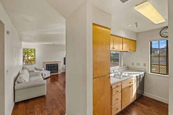 Fireplace, Interior, Kitchen, Living room, Wood Texture Flooring