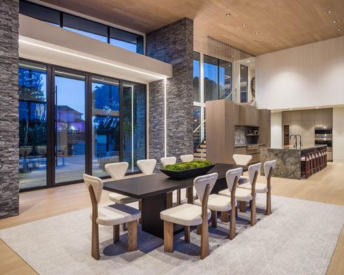 Dining room, Fireplace, Interior, Kitchen, Pendant Lights, Recessed Lighting, Stainless Steel Appliances, Stone Walls, Wooden Ceilings, Wood Texture Flooring