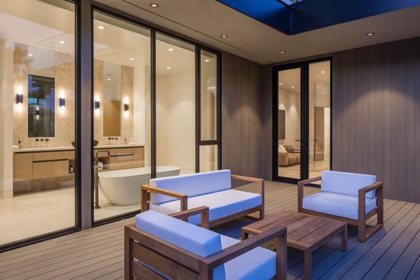 Bathroom, Free Standing Baths, Interior, Recessed Lighting, Wood Texture Flooring