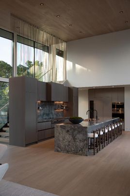 Interior, Kitchen, Pendant Lights, Recessed Lighting, Stainless Steel Appliances, Wooden Ceilings, Wood Texture Flooring