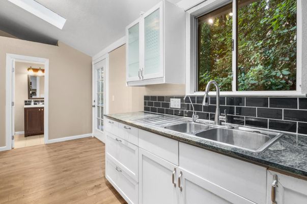 Interior, Kitchen, Tile Countertops, Wood Texture Flooring