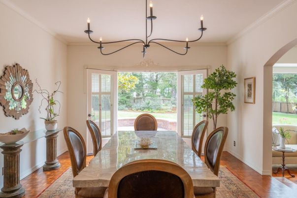 Chandelier, Dining room, Interior, Wood Texture Flooring