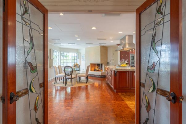 Dining room, Fireplace, Interior, Kitchen, Recessed Lighting, Wood Texture Flooring
